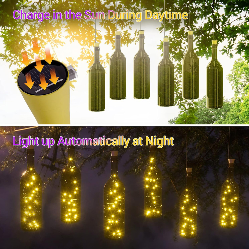 Guirnalda de luces solares para botellas de vino, 20LED, alambre de cobre Solar, luces de hadas con forma de corcho, lámpara navideña para decoración de jardín, de boda
