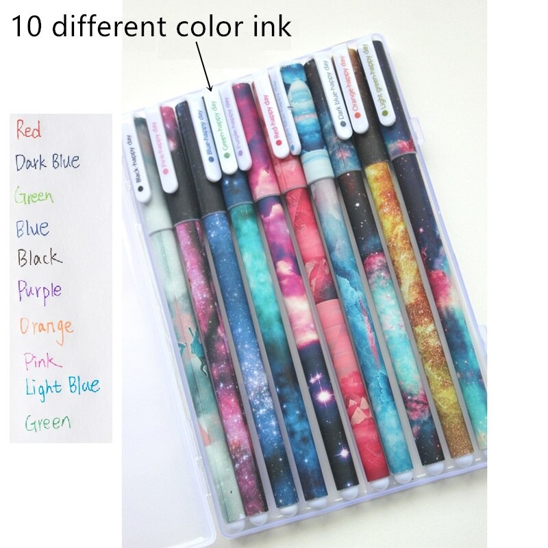 10 Uds pluma de gel de color galaxia estrella estrellada 0,5mm bolígrafo bolígrafos canetas artículos de papelería accesorios de oficina útiles escolares F308: 10 color ink set