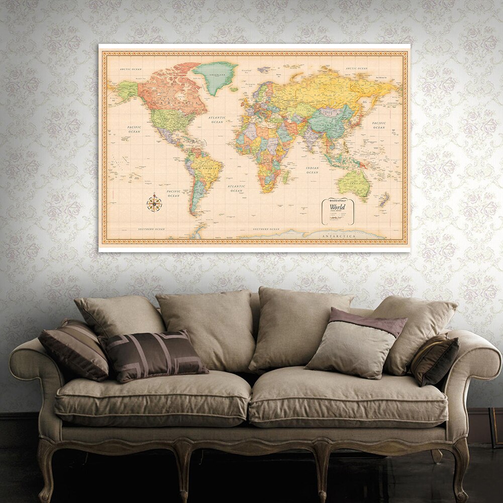140*100cm The Retro World Map with Details Wall Art Poster HD Printed Non-woven Canvas Painting Home Decor School Supplies