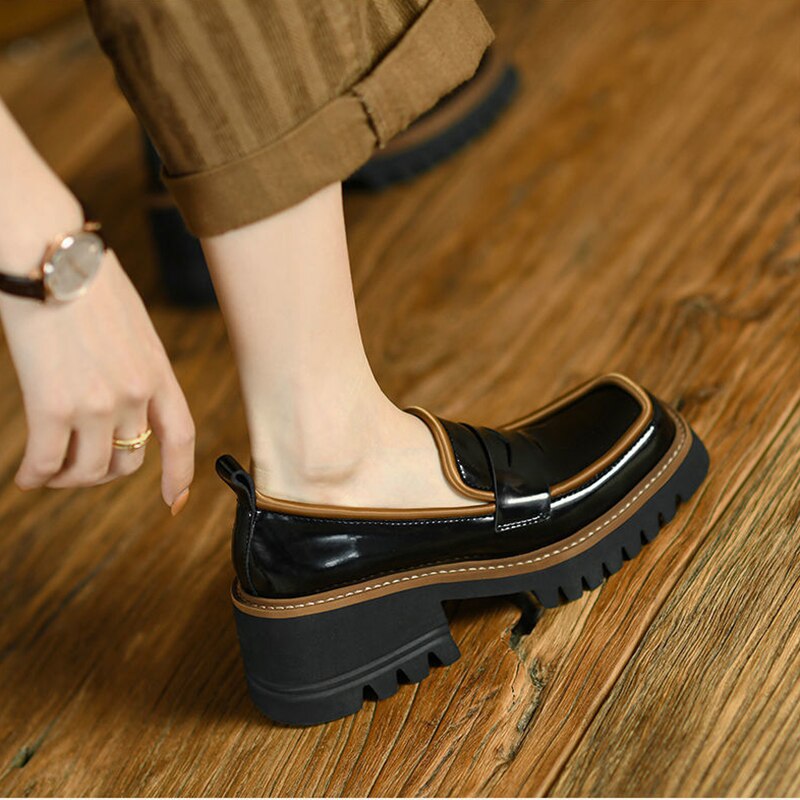 Mocasines de para mujer, zapatos de tacón alto sin cordones, con punta cuadrada Retro, con plataforma, talla 35-40, 2022