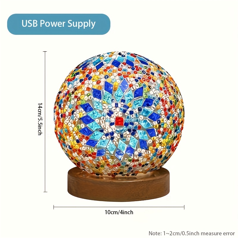 Mozaïek glazen bol tafellamp, bollamp met houten voet, turkse marokkaanse ronde kleine lamp voor slaapkamer, woonkamer en huisdecoratie.