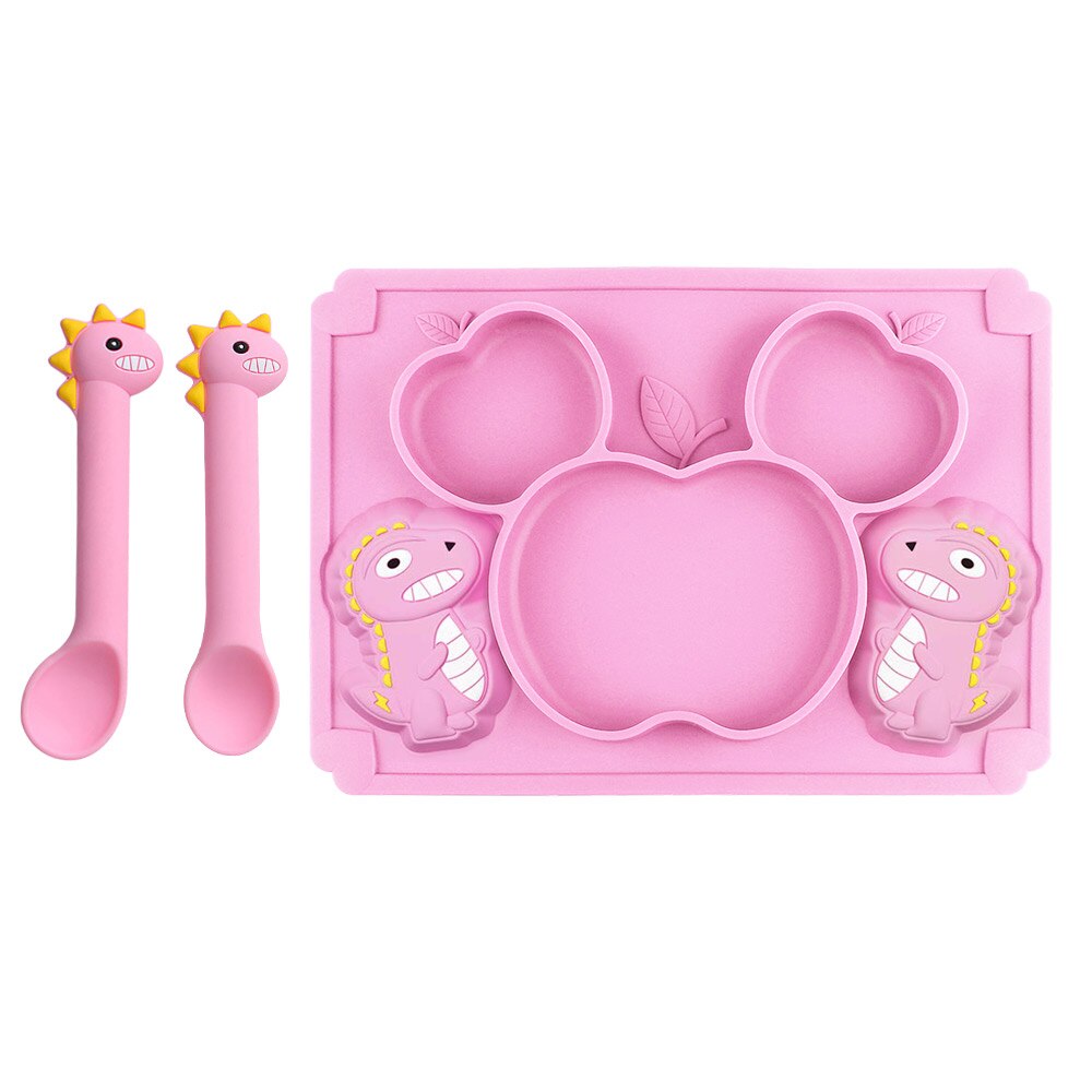 Silicone Baby Zuignap Plaat Slabbetjes Voeden Set Servies Bestek Kinderen Rvs Lepel En Vork Doseren Gerechten Din: Pink 3pcs C