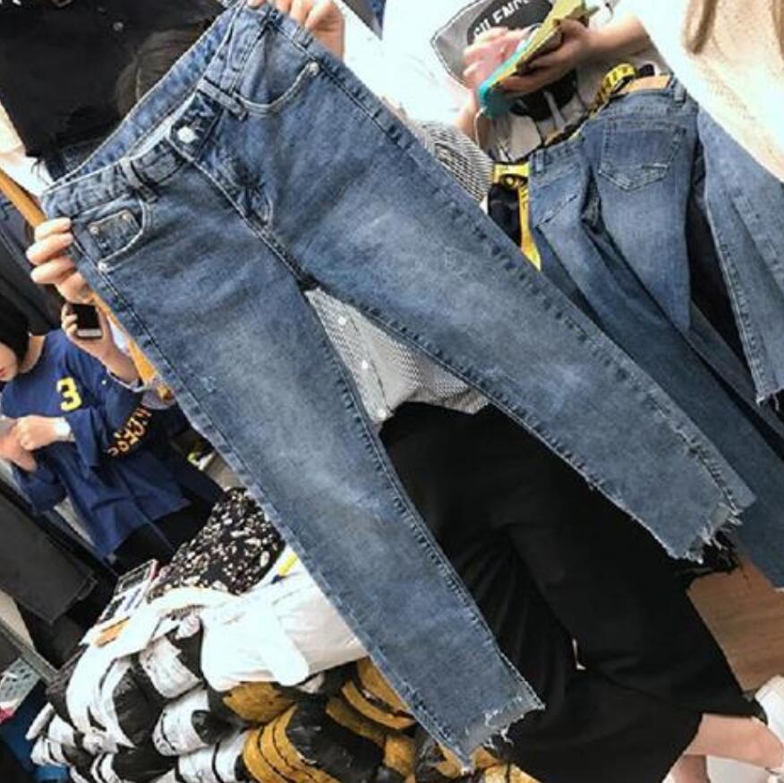 Kvinder denim skinny bukser ripped jeans til kvinder huller vintage pencil bukser høj elasticitet stretch bukser: M / Ingen hul-blå