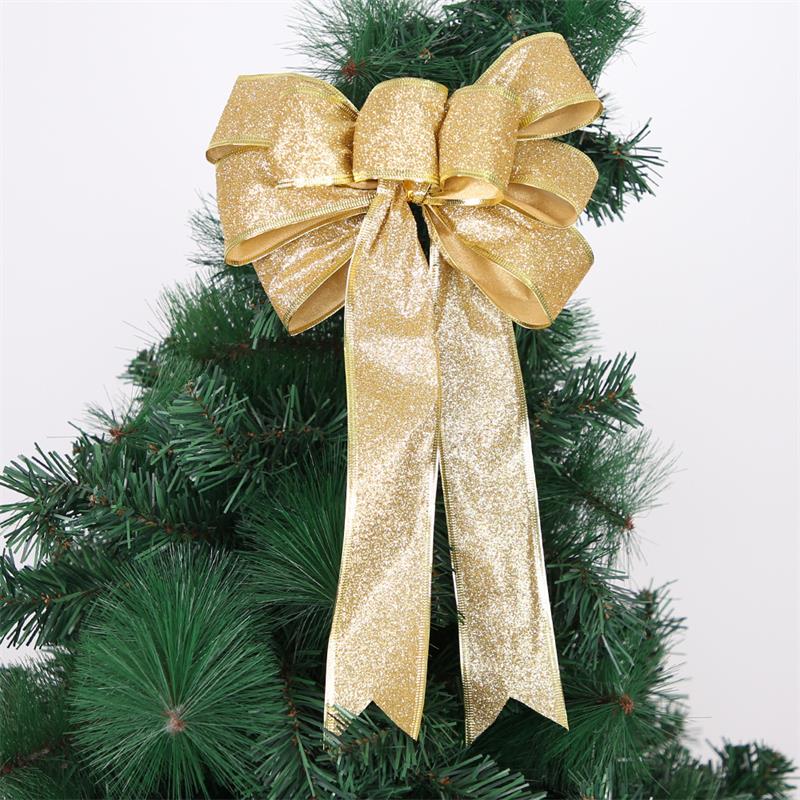 Lazo de cinta de Navidad grande de 35cm, decoraciones navideñas de tela con purpurina, lazos dorados y rojos para manualidades, adornos para árboles de Navidad: Gold / Large