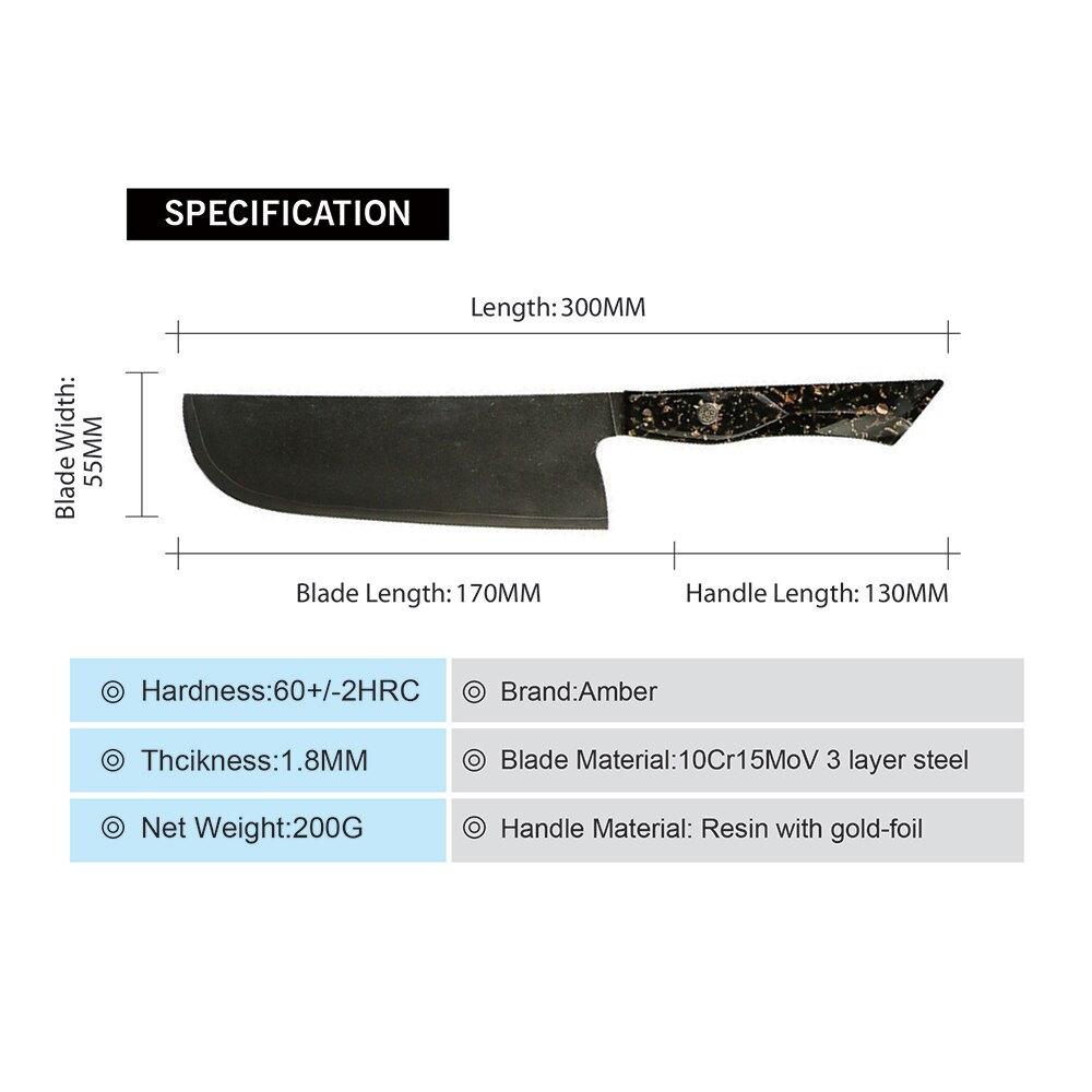 AMBER Kitchen Knife 10Cr18Mov 3 Layers Cladding Steel Chef Knife Gold-Foil Resin Handle Chinese Cleaver Knives Cooking: DMS-265C Nakiri
