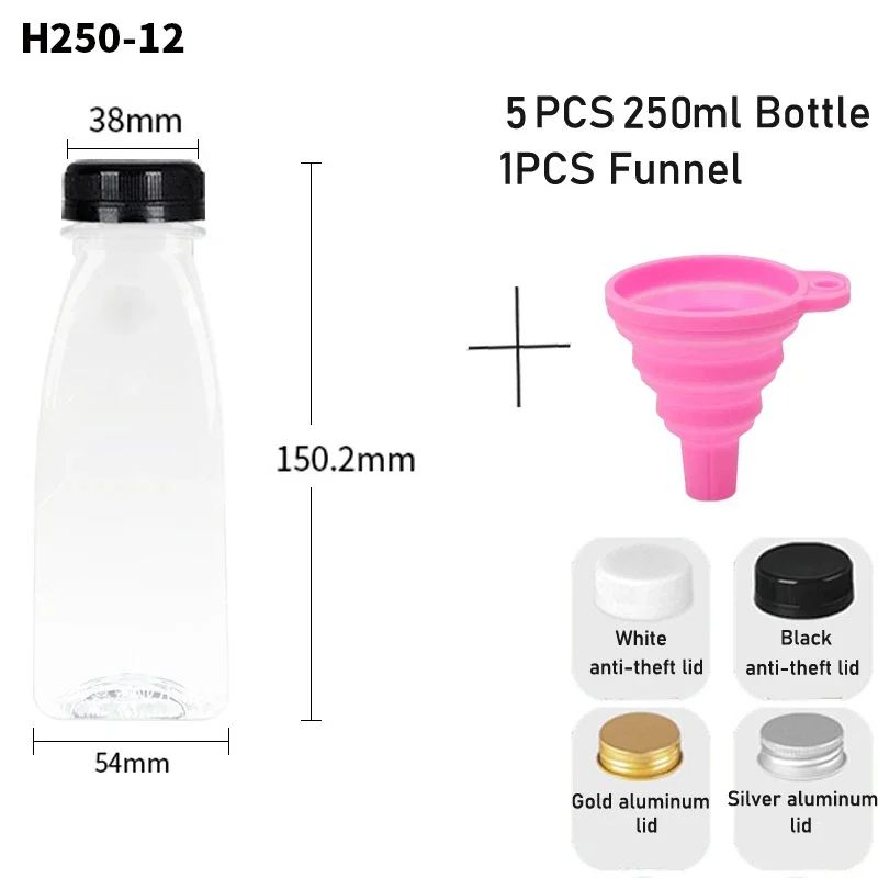 5 uds 60-500ML botellas de plástico transparentes vacías con tapas con embudo plegable contenedores de botellas de agua reutilizables para batidos de jugo DIY: plum / 5 ml