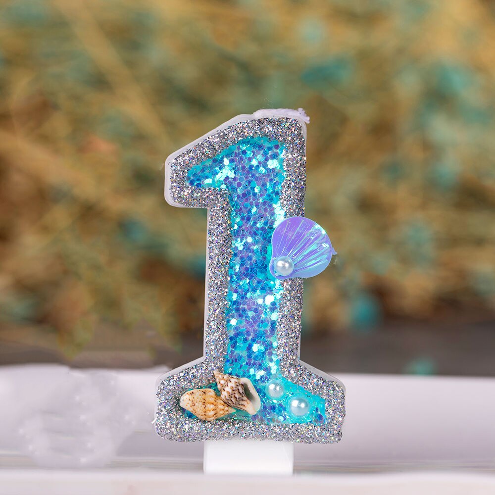 Decoraciones azules para pastel de cumpleaños de bebés y niños, vela de concha de océano brillante para Baby Shower, recuerdo para niños de 0 a 9 velas, suministros para hornear: 1