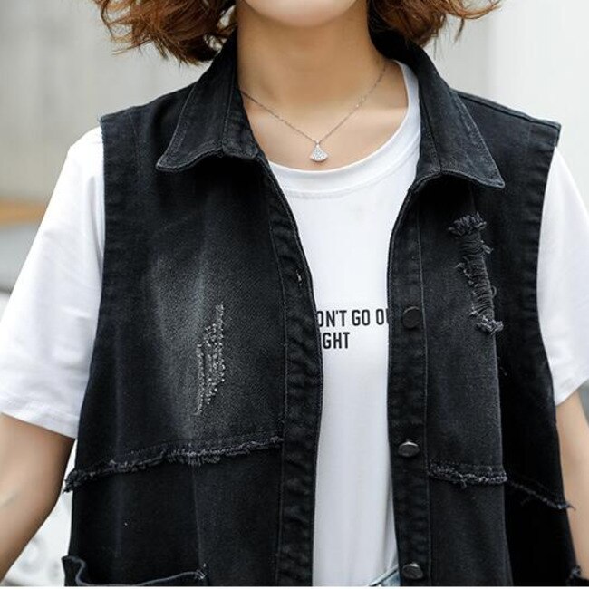 #3119 Black Long Denim Vest Women With Sequins Harajuku Streetwaer Woman Vest Waistcoat Vintage Sleeveless Jacket Big Pockets
