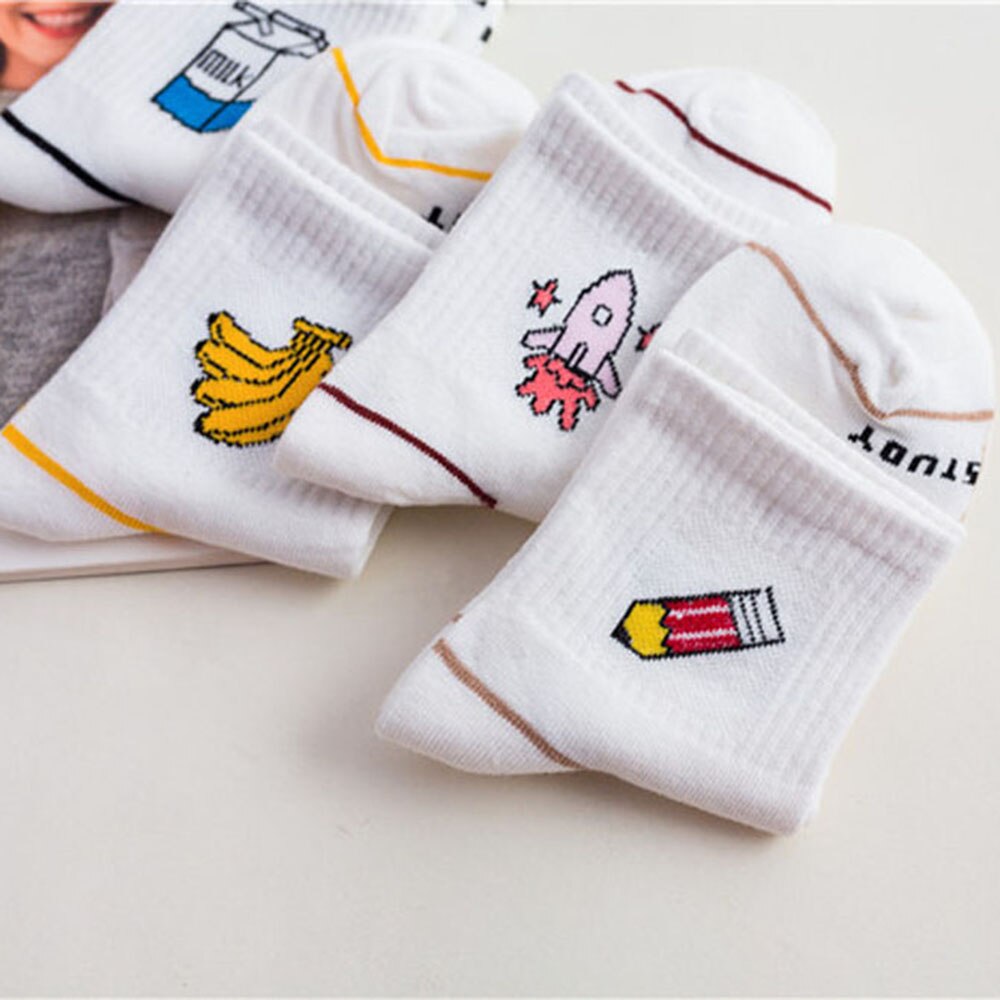 Women Socks Cartoon White Cute Banana Milk Dinosaur Cotton Warmth Long Socks Cute Funny Illustration Letter Socks