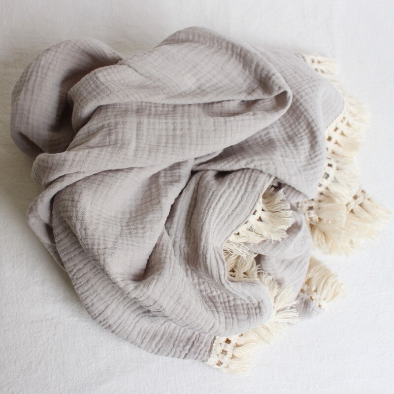Bomullsmuslin bebis flicka pojke filtar nyfödd linda filt tofs bebis mottagande filt spädbarn sova täcke sängöverdrag: Ljusgrå / 80 x 65cm