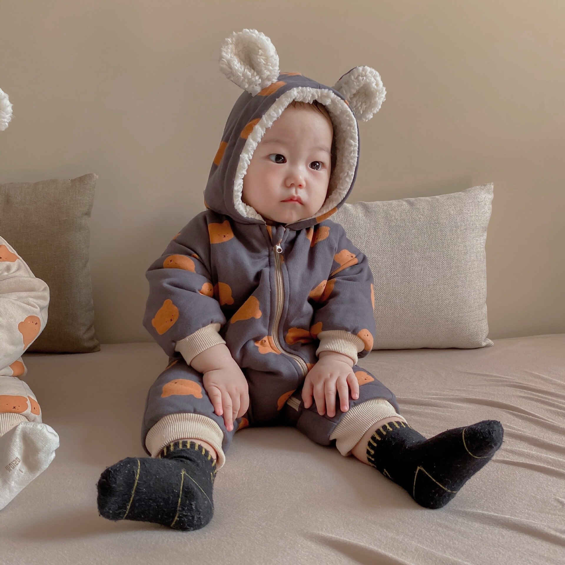 Peleles de oso para bebés, prendas de vestir acolchadas de algodón para niños pequeños, forro polar, mono, ropa, trajes, Invierno grueso,: YCM275gray / 6M   66cm