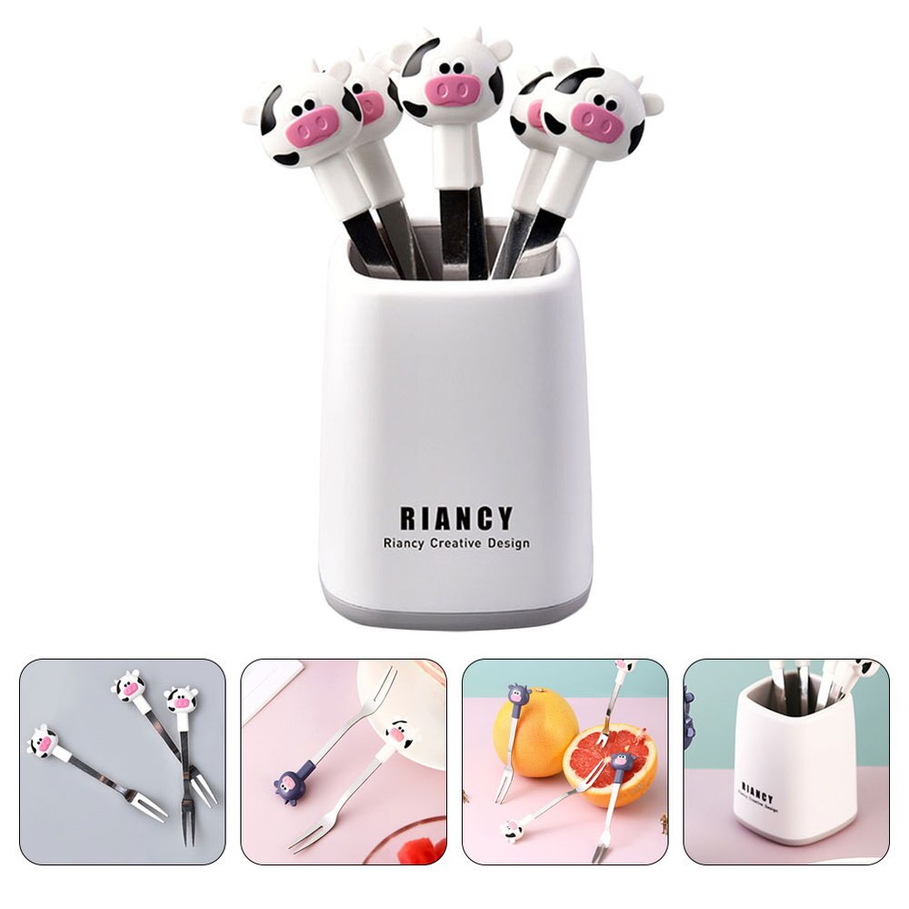 1 Set Cartoon Calf Fruit Forks Stainless Steel Forks with a Holder