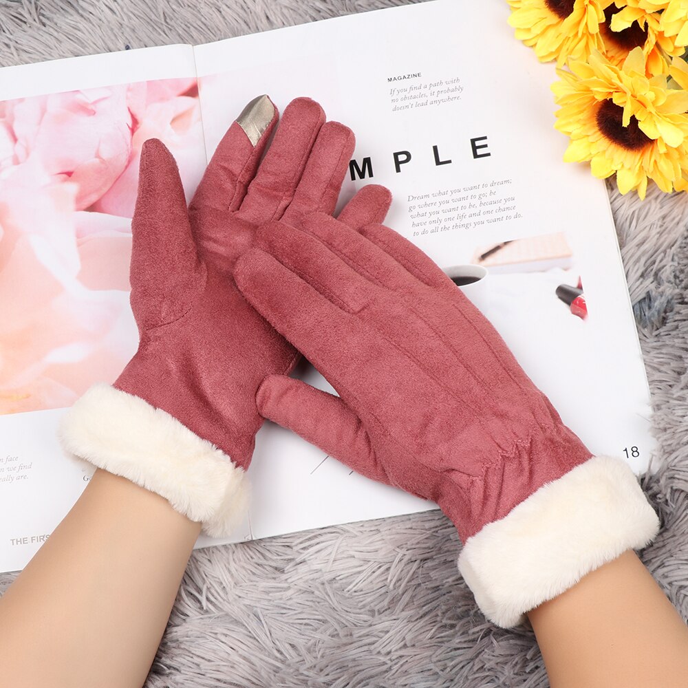 Nuevos guantes de invierno de dedos completos para mujeres mantener el calor lindo peludo guantes de deporte al aire libre más guantes de pantalla táctil de terciopelo