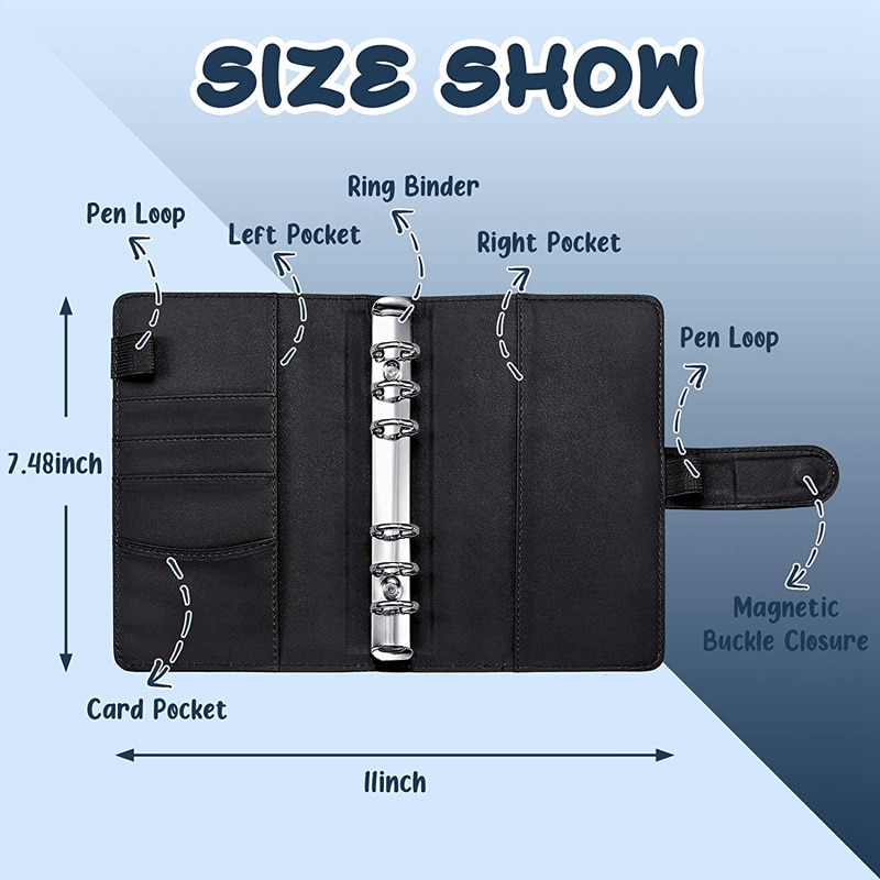 A6 PU Leather Notebook Magnetic Personal Planning Binder with 12 Binder Pockets Binder Zipper Folder for Bill Planning