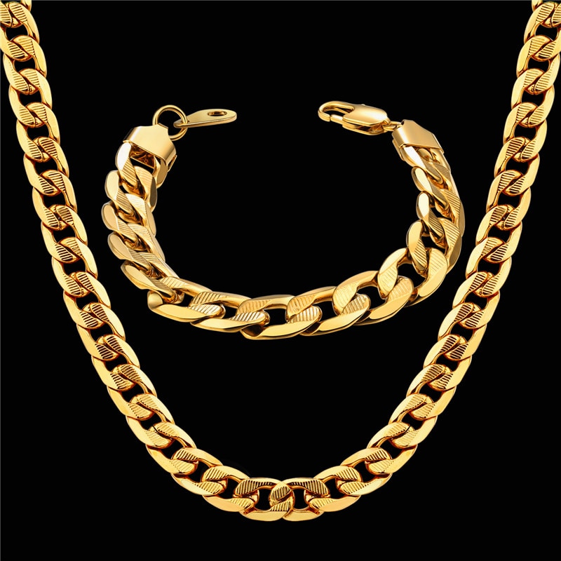 Conjunto de joyería de Dubái para hombre y mujer, collar de acero inoxidable de Color dorado, conjunto de pulsera, cadena gruesa cubana de hip hop, joyería al por mayor