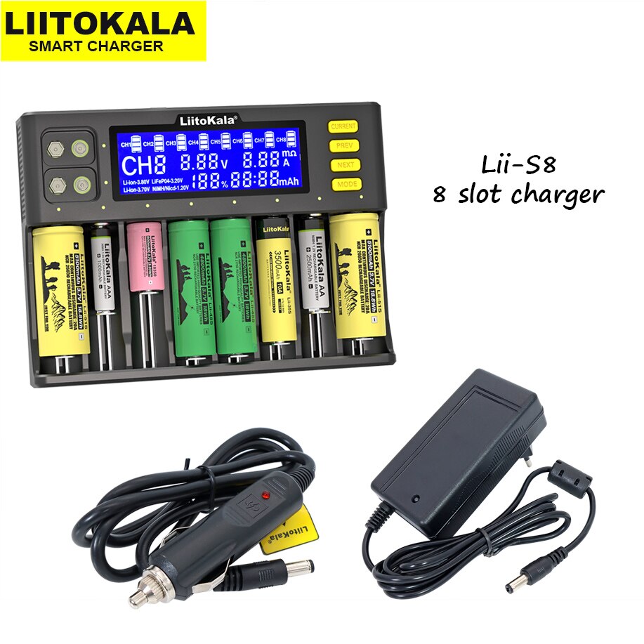 Liitokala lii -500 lii -202 lii -500s lii -s8 lii -600 lcd 3.7v 18650 18350 18500 21700 14500 26650 aa nimh litiumakkulaturi: Lii -s8 koko sarja