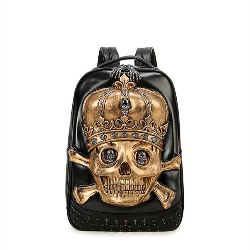 3D Backpack Men Personality Travel Backpack Gothic Crown Skull Rivet Motorcycle Ride Unique: Gold