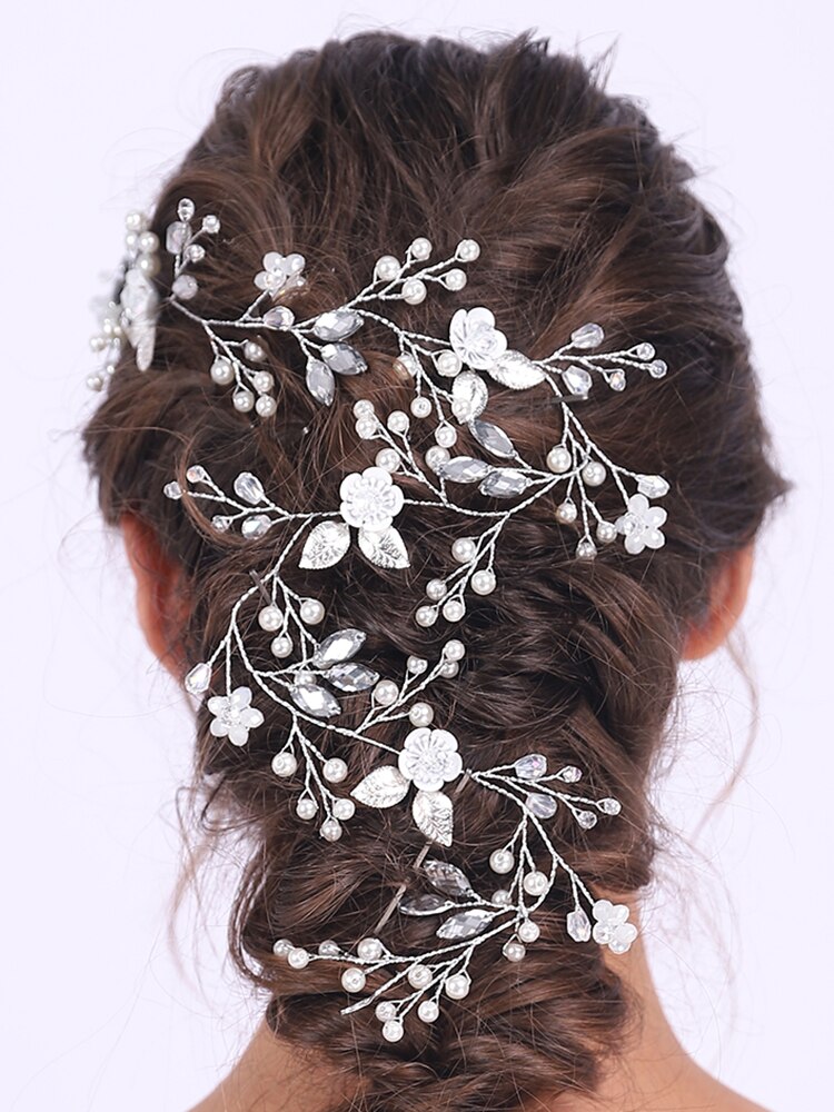 Rent stille bryllupstilbehør hår vinranke sølv blomster elegante krystallperler hodeplagg brudepynt for kvinner