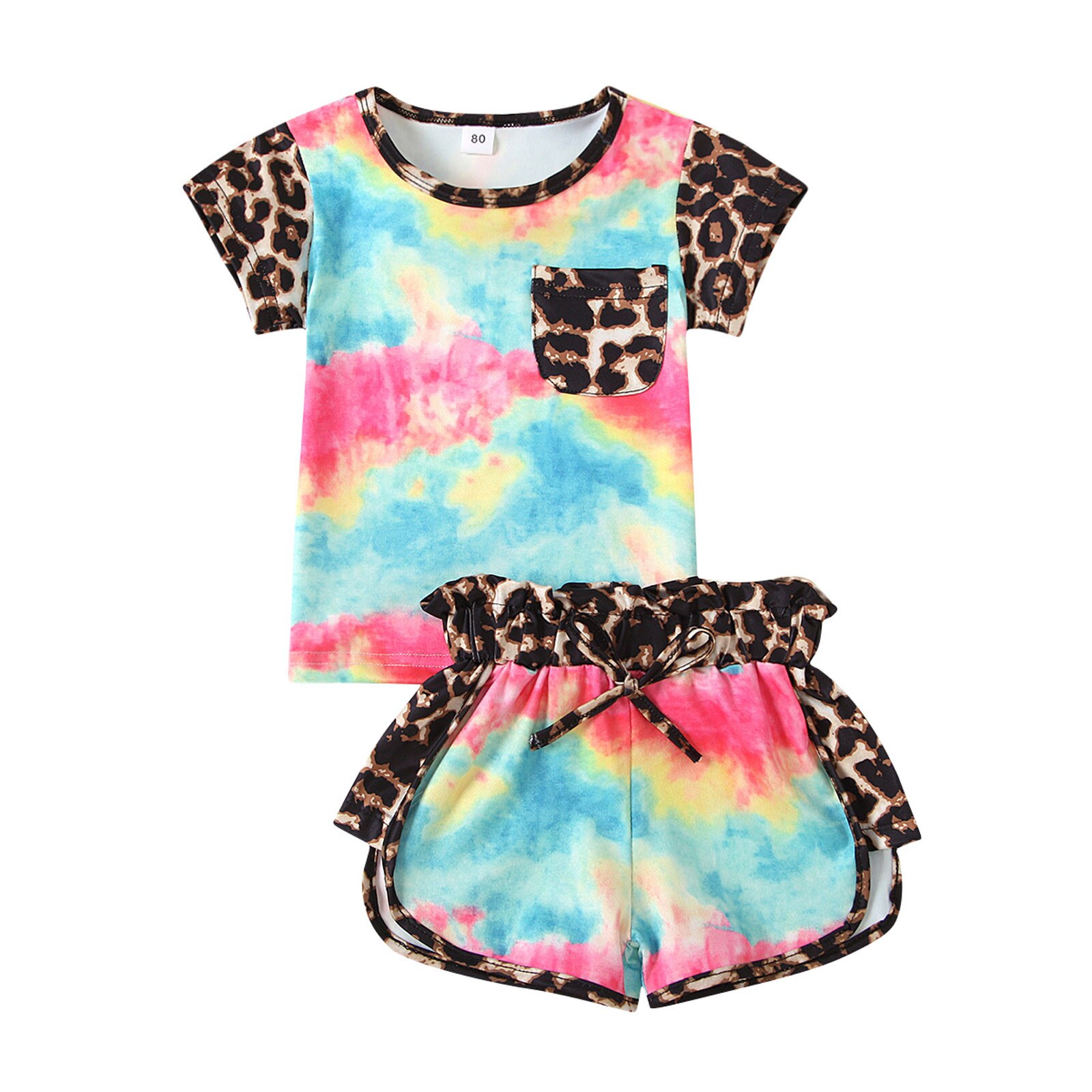 Newborn Toddler Outfits Baby Girls Colorful Print Leopard Cute Two-piece T-shirts+shorts Pant Clothes Summer Casual Sets: Sky Blue / 80