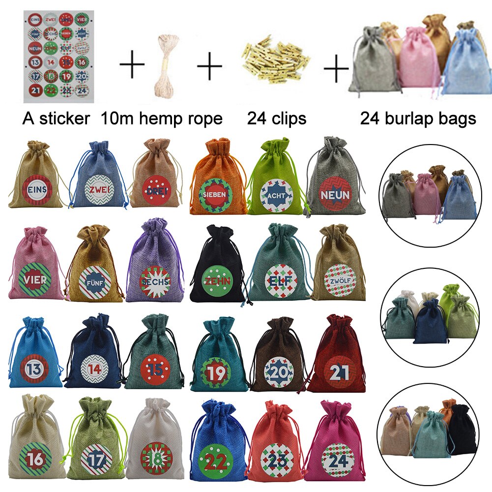 24 stk advents julekalender fyld slik hørposer poser jule adventskalender 24 farver opbevaringstaske hør ca.