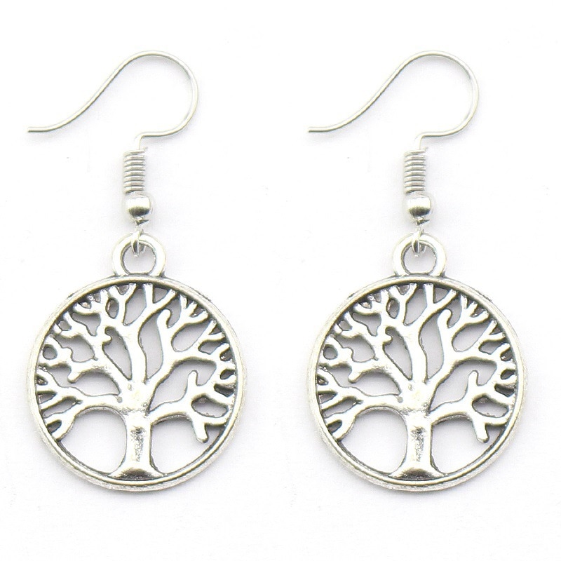 Pendientes colgantes chapados en plata para mujer, aretes redondos con patrón del árbol de la vida, joyería de para mujer