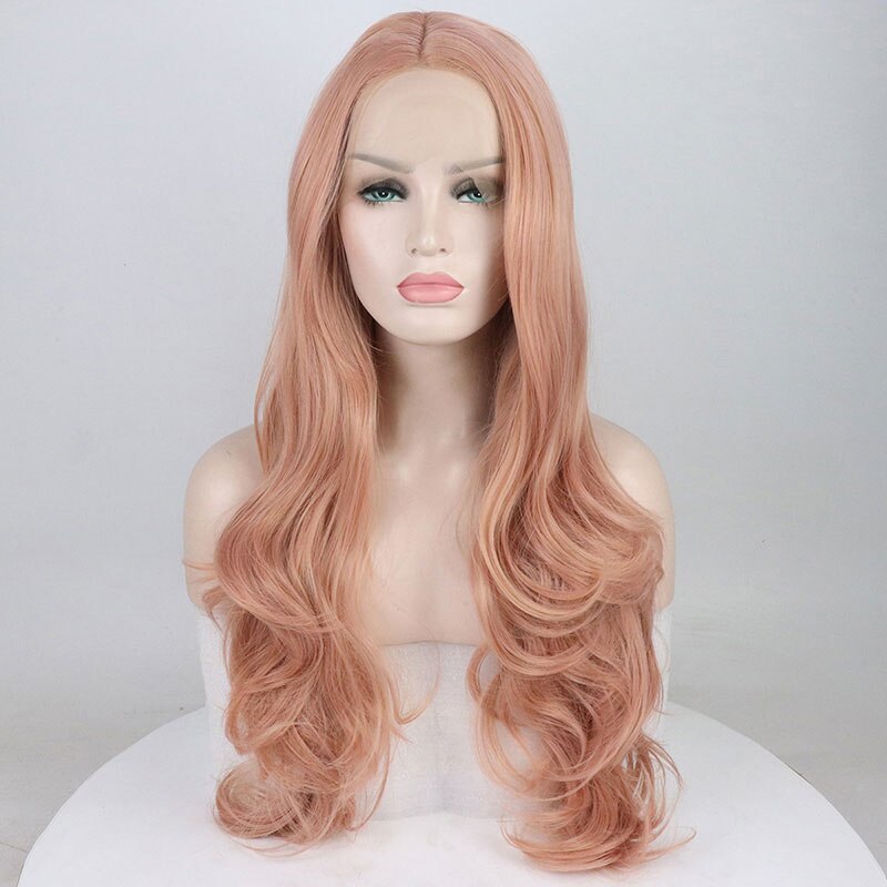 Bombshell pêssego rosa onda solta peruca dianteira do laço do cabelo sintético glueless resistente ao calor do cabelo da fibra natural linha fina para perucas femininas
