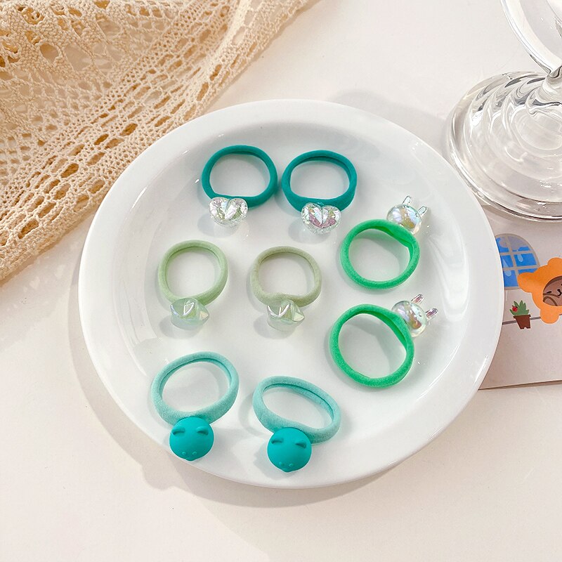 Boîte de chouchous en caoutchouc pour enfants, 5/8 pièces/boîte, bande de cheveux en forme de cœur, fleur, dessin animé, doux et brillant, accessoires pour cheveux: Green-8 Pcs