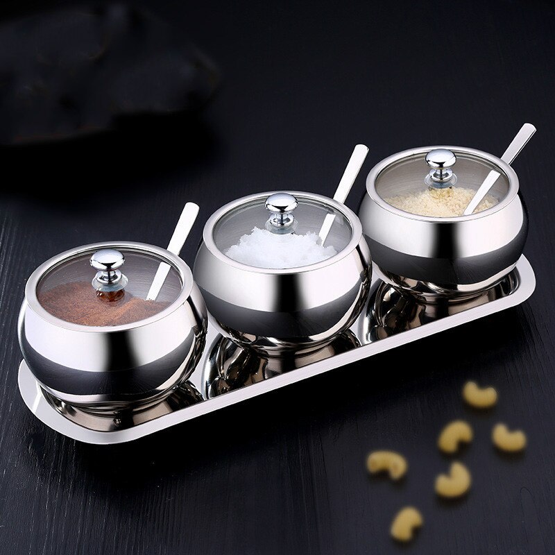 Kitchen Stainless Steel Sugar Bowl With Lid And Spoon Portable Sugar Box Container Cooking Seasoning Jar Storage Bottle WY72009