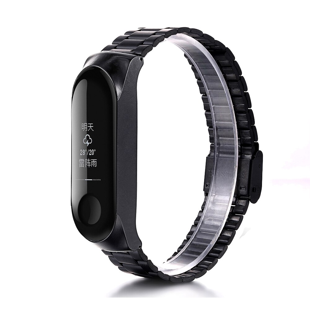 Correa de metal para Xiaomi Mi band 3/4/5, correa de acero inoxidable con tres cuentas, hebilla para pulsera,: Black / Mi 3 4 strap