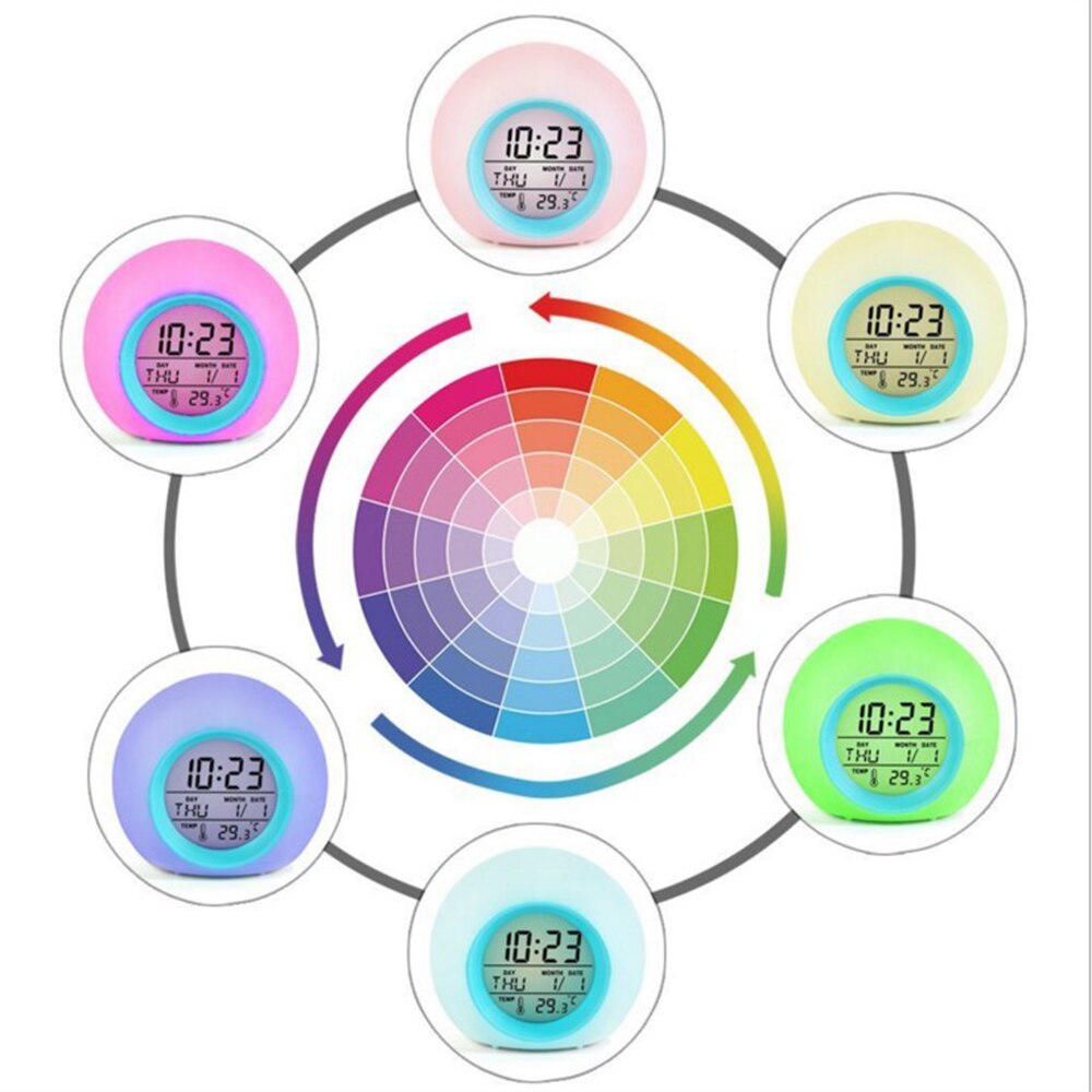 Kids Smart Alarm Clock Thermometer 7 Colors Changing Bedroom Student Wake Up Digital Display Table Clock Sleep Timer