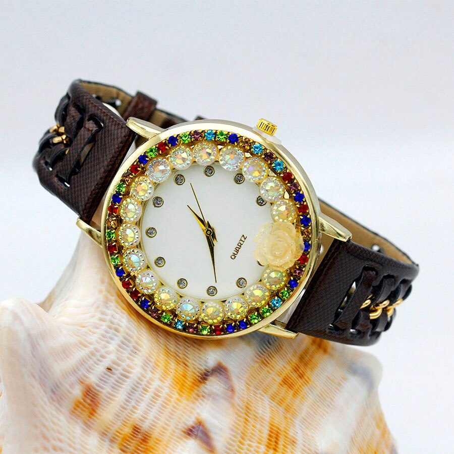 Ladies Flower Hand-knitted Wristwatch Rose Women Dress Watch Color Sparkling Rhinestone Leather Strap Clock Sweet Girl Watch