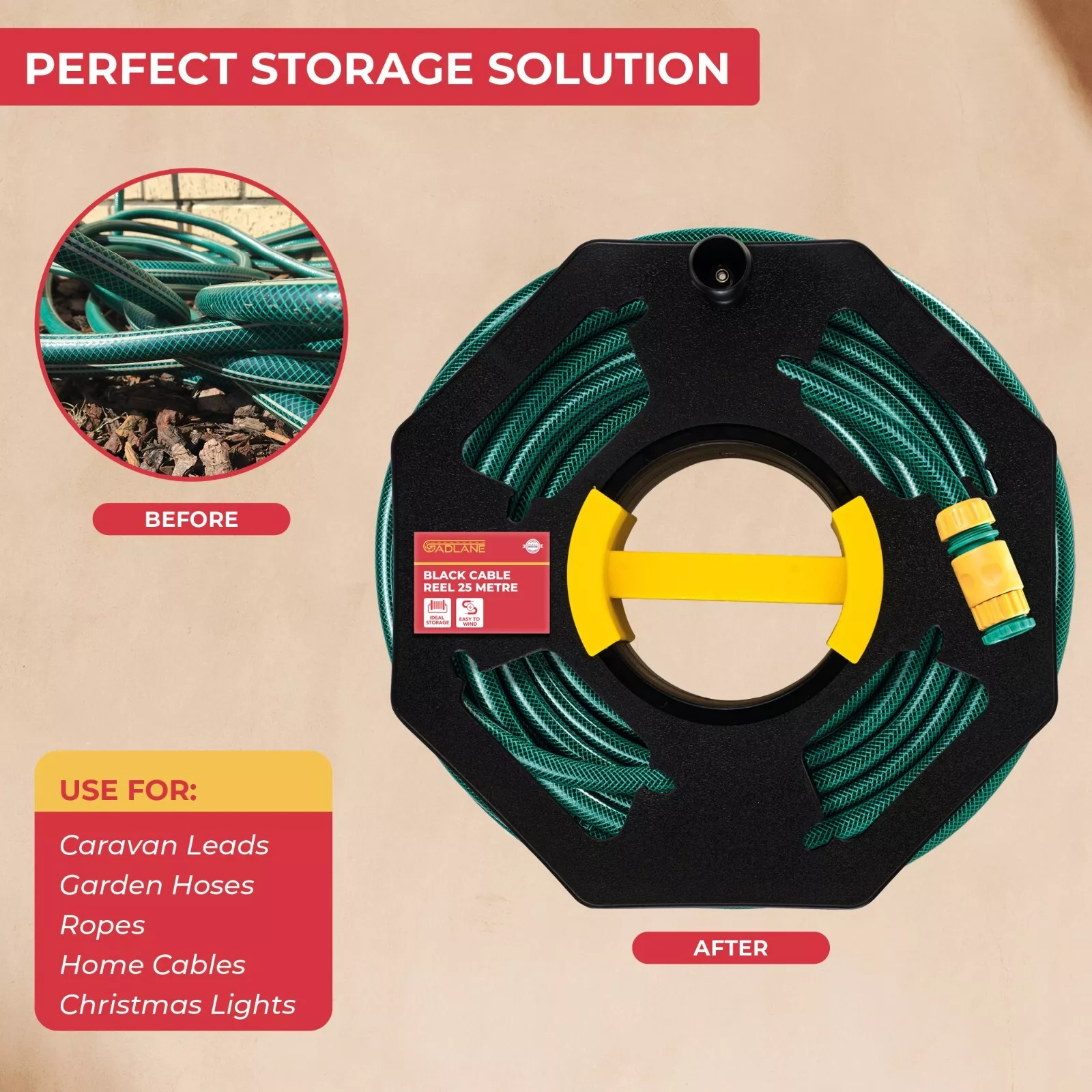 RV Cable Tidy Reel 25M Mains Wire Hook Up Lead Extension Holder Storage For Camper Caravan Motorhome