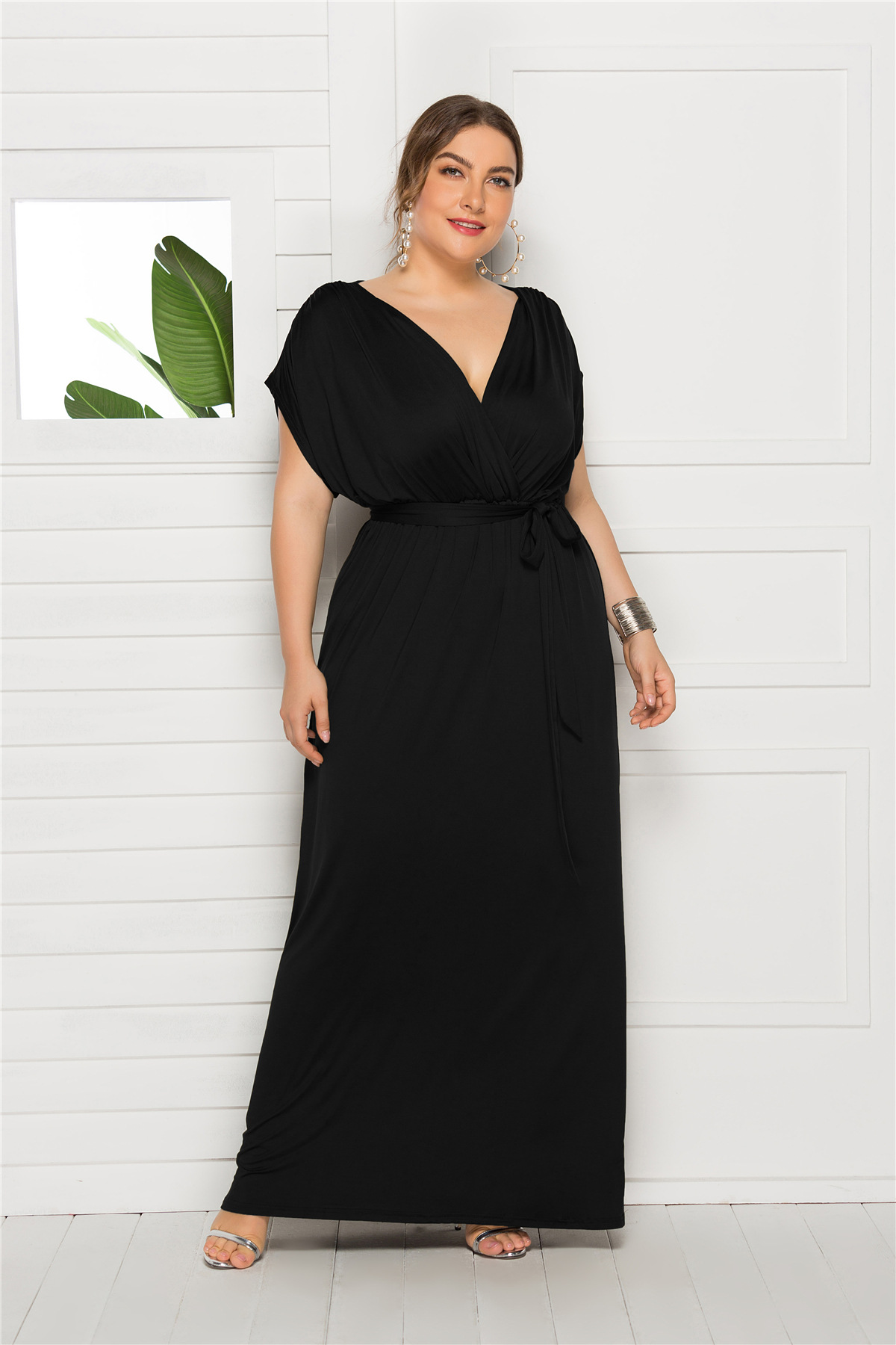 Vestido largo de talla grande para mujer, prenda de manga corta con cuello en V, holgado, informal, talla grande 4XL, 2023: XXL / Negro