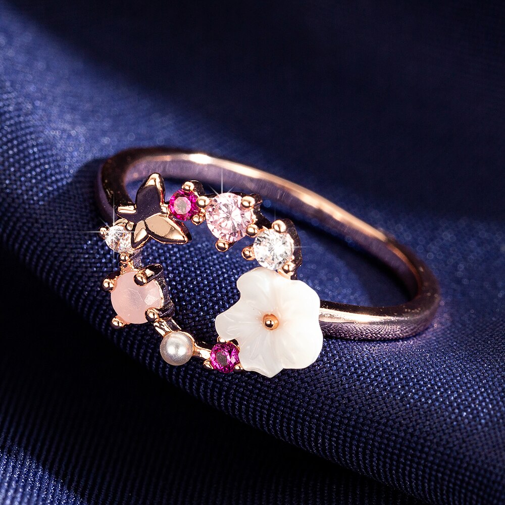 cristal cuivre fleurs papillon doigt anneaux de mariage pour les femmes or Rose Glamour Bijoux fille Bijoux
