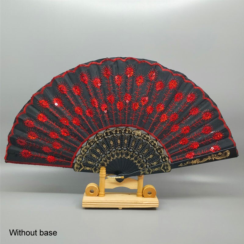 Art Folding Tail Feather Plastic Bone Sequins Carved Hand Fan Summer Accessory Crafts Print Home Decor Embroidery: black red