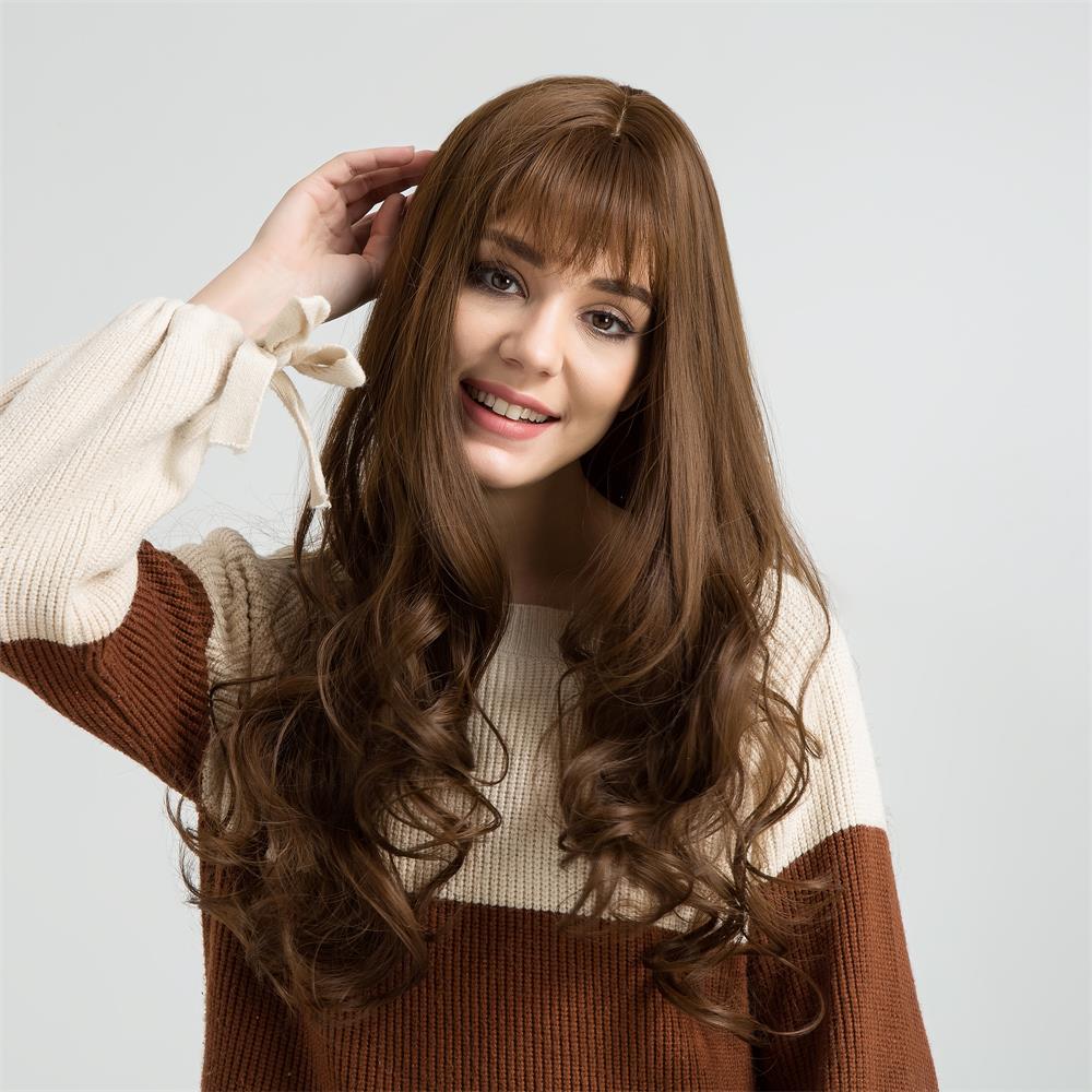 Peluca rubia larga de color marrón con ondas naturales sintéticas y flequillo para fiestas o uso diario: lc119-4