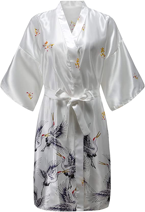 Bata de satén de seda para boda, bata de dama de honor, albornoz Floral, Kimono corto, bata de noche, bata de baño, bata de para mujer: S / Beige