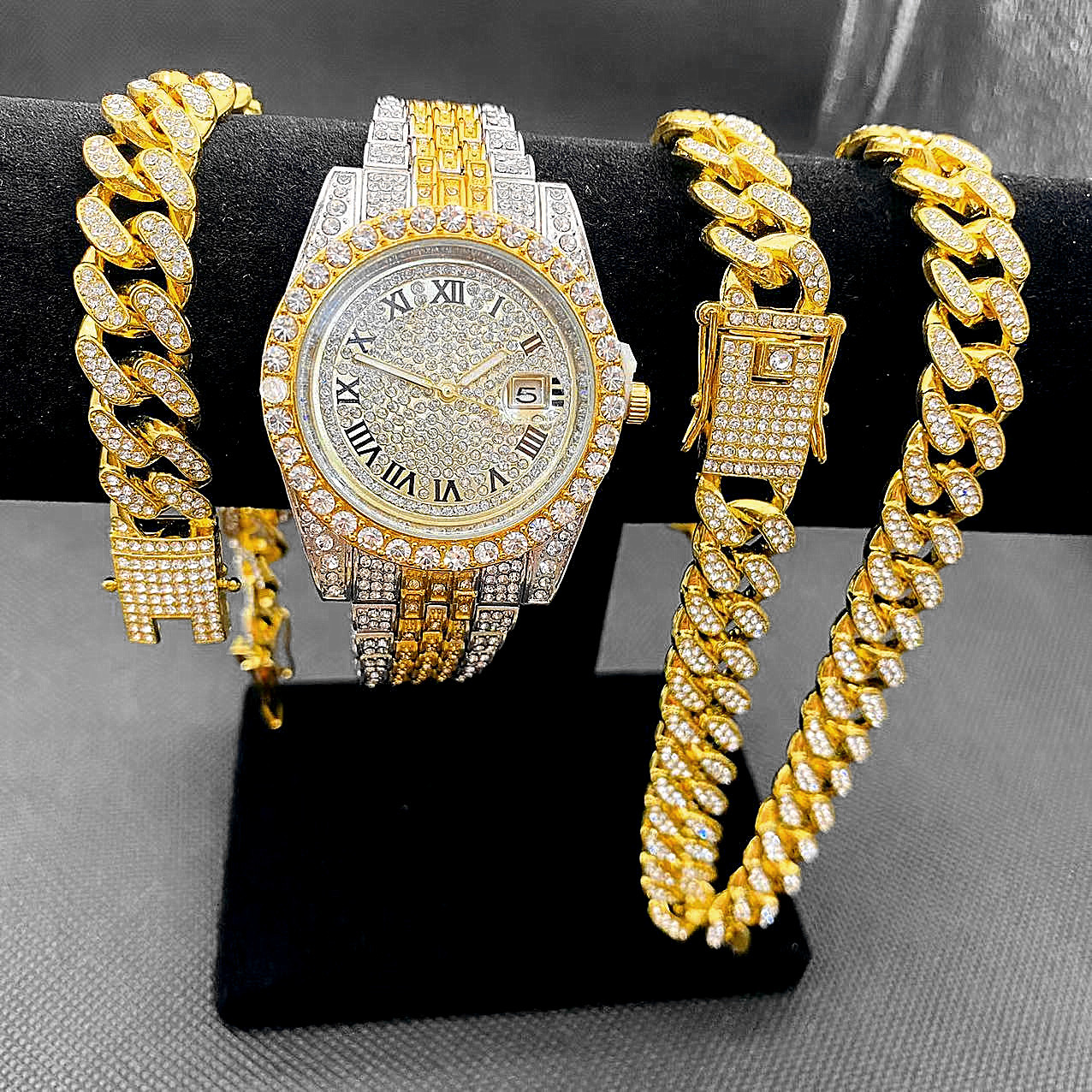 Montre entièrement glacée pour hommes, Bracelet, collier, ras du cou, bijoux bling-bling, grande chaîne en or, Hip Hop, ensemble de montre