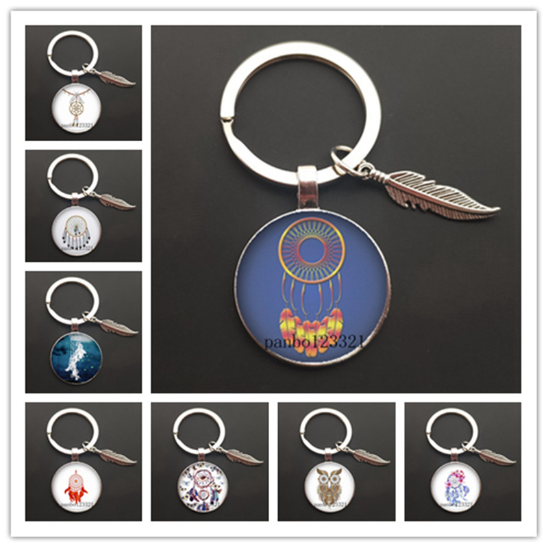 Dream Catcher Tone Key Chain Dream Catcher Feather Round Glass Convex Photo Keychain