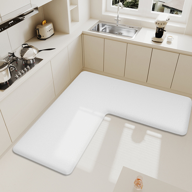 Thickened L-shaped kitchen dirt-resistant flannel water-absorbent and oil-absorbent mat non-slip soft carpet: 50cmx180cm / WHITE