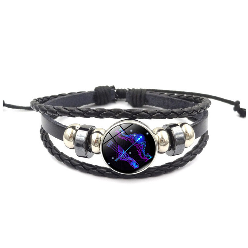 Horóscopo astrología 12 Zodiaco tejido luminoso cuero de vaca cielo estrellado pulsera hombres mujeres Acero inoxidable pulsera joyería: Sagittarius