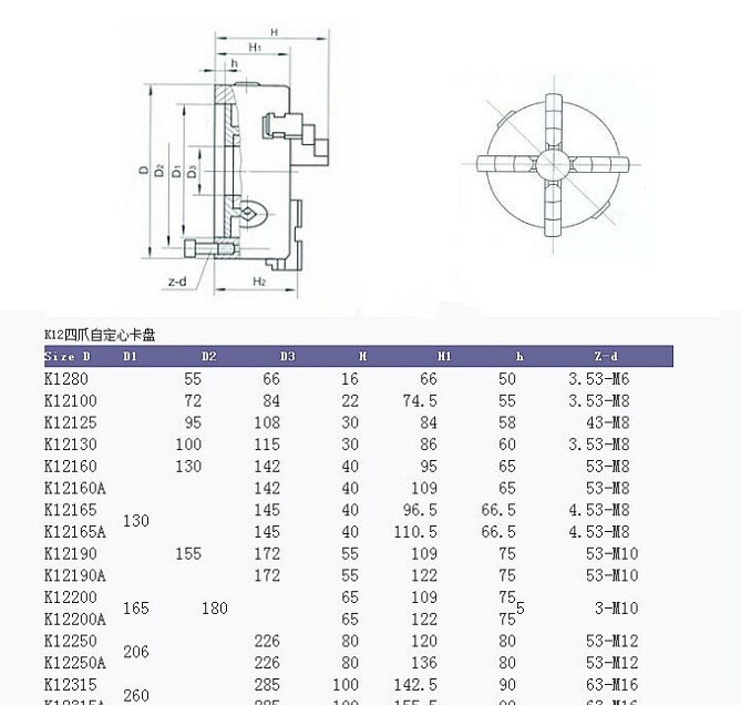 K12 80 100 125 Lathe Chuck Four-jaw chuck Four-jaw self-centering chuck 250 80 100 125 130 160 200 Four-jaw linkage