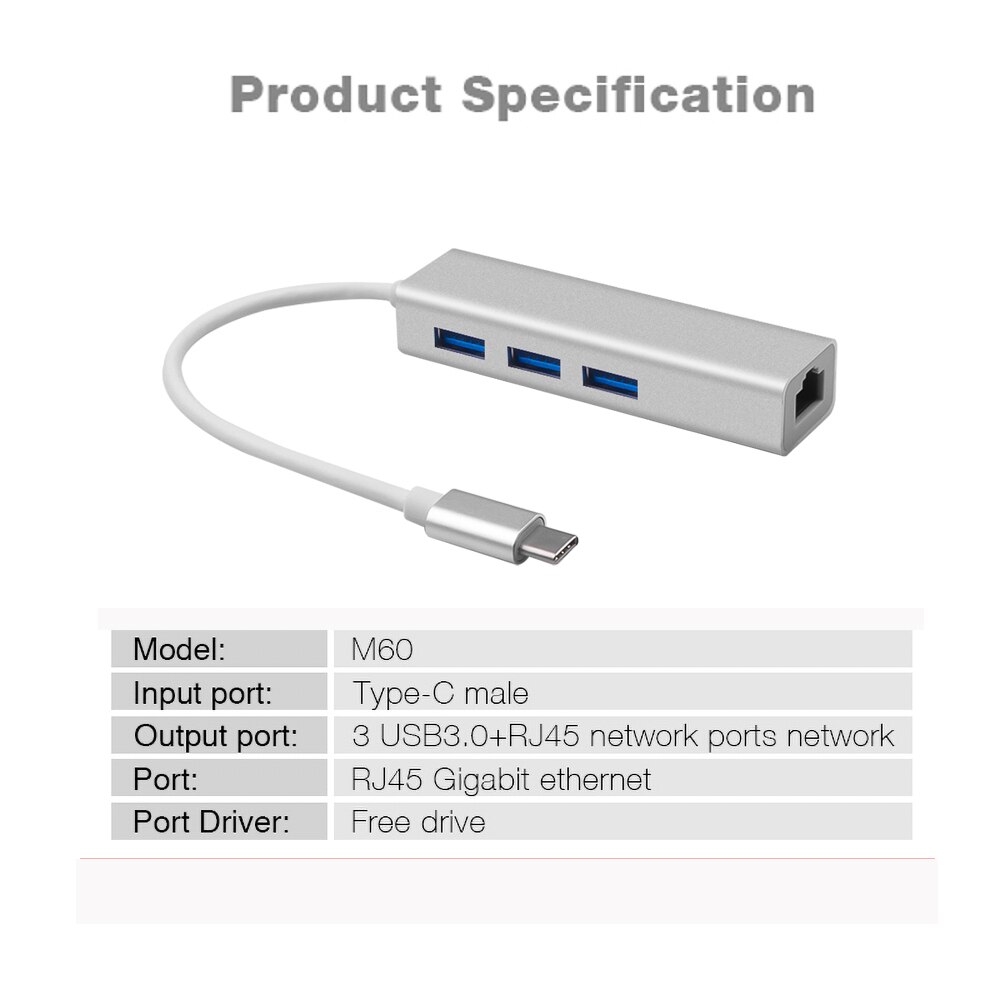 Kebidu Usb 3.0 Hub Type C Naar Ethernet Netwerk Adapter 1000 Mbps RJ45 Usb-C Met 3 Usb 3.0 poorten Usb Splitter Voor Macbook Pro