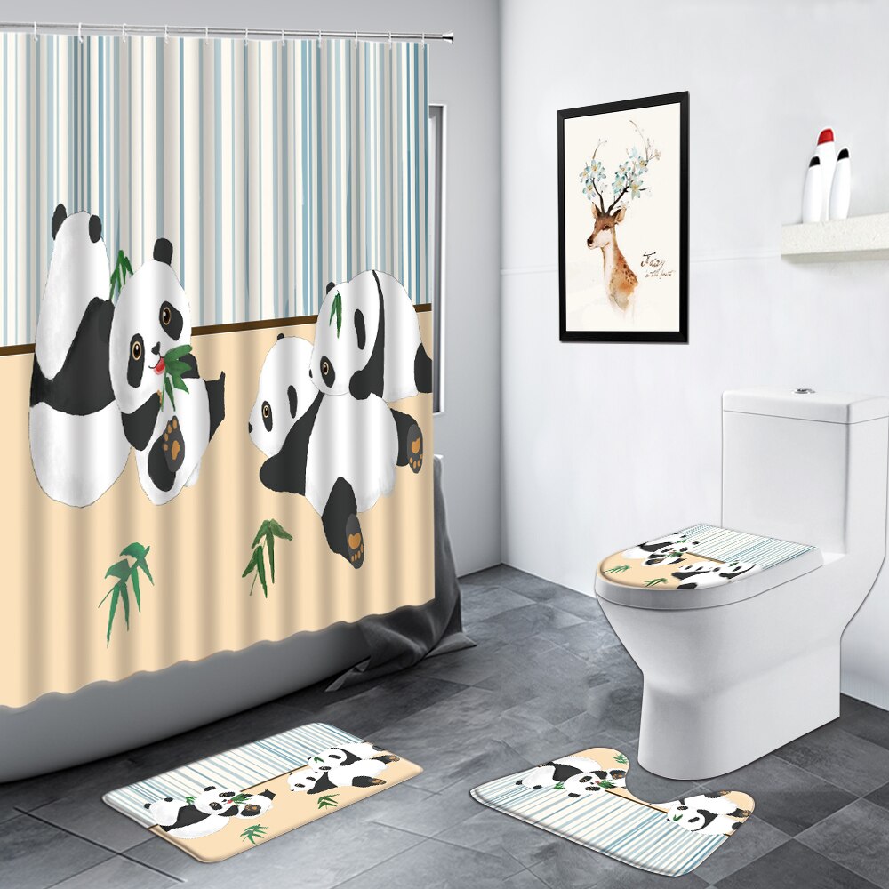 Juego de cortinas de ducha de Panda, alfombra antideslizante de estilo chino de bambú, Animal verde, negro, blanco, divertido: 8073G-4pcs Set
