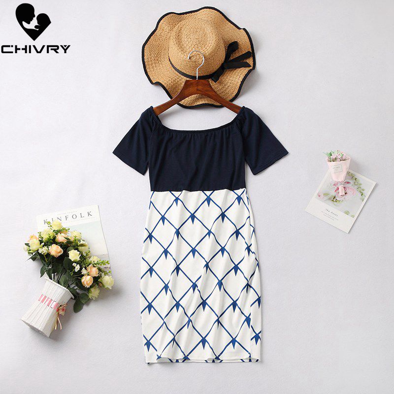 Chivry mor datter kjoler patchwork slash neck off shoulder kjole mor og datter kjole familie matchende tøj