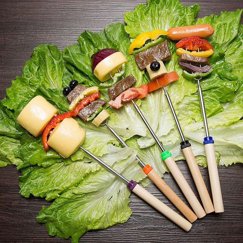 1Pc Bbq Vork Telescopische Barbecue Roosteren Vork Uitbreiding Dog Marshmallow Roosteren Stick Met Houten Handvat Kampvuur Bbq Gereedschap