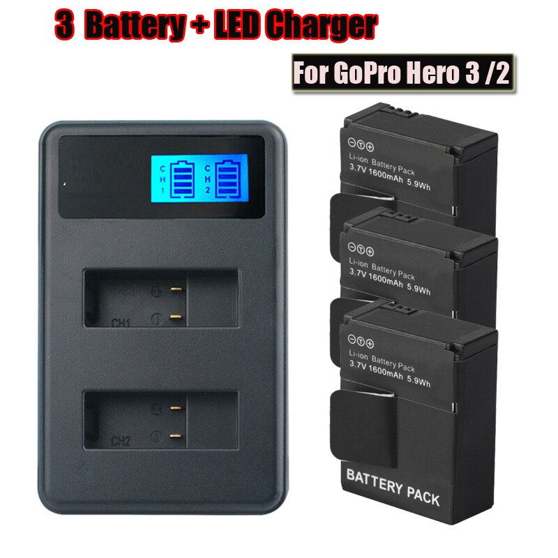 Kit chargeur USB pour Gopro hero3 3 + caméra d'action, 4 pièces, batterie 302 + écran LCD à Double fente, accessoires: B Package