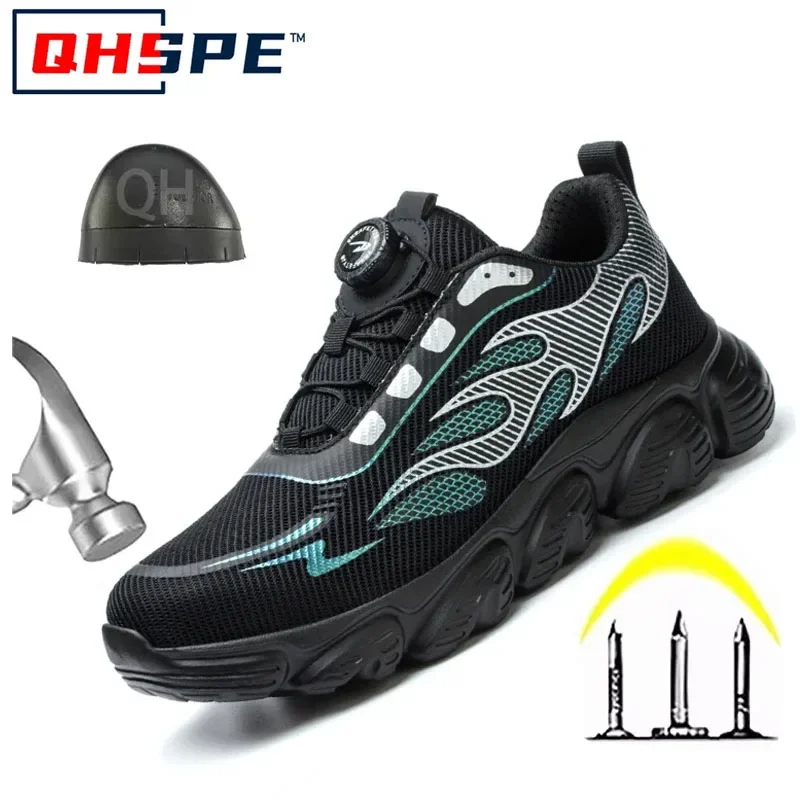 Rotating Button Work Safety Shoes Men Reflective Steel Toe Shoes Indestructible Work Sneakers Protective Safety Boots Size 47 48: 45 / black