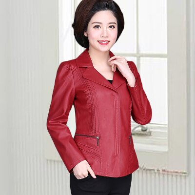 Lente herfst 6xl leren jassen dames plus size opstaande kraag rits jas dames lange mouw imitatieleer co: Rood / Xxl