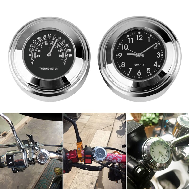 Universal 7/8 &quot; vandtæt krom motorcykel styr montering quartz ur ur aluminium lysende ur moto tilbehør